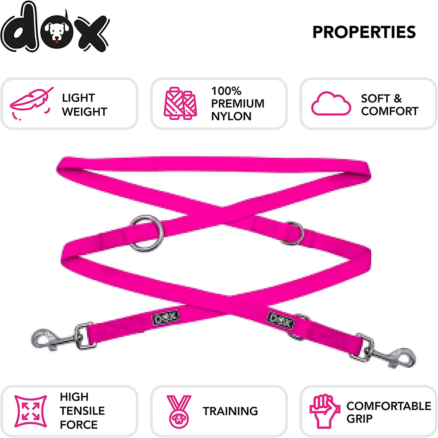 Nylon Dog Leash - 6.6 Ft, 3-Way Adjustable Leash Dogs - S (Pink)