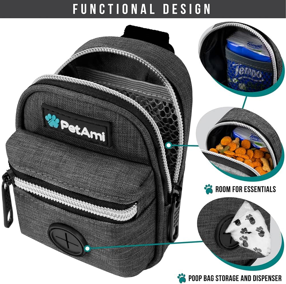 Dog Poop Bag Holder for Leash, Dog Pet Waste Bag Dispenser for Poop with Clip, Doggy Puppy Walking Accessories Travel Camping, Dog Treat Pouch Supplies Must Have with Dog Bag Roll, Dark Gray