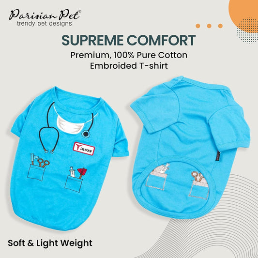Doctor Woof Dog Shirt - 100% Cotton & Polyester Doctor Outfit for Dogs - Embroidered Sleeved Doggy Clothes - Blue Funny Pets Shirts for Large Dogs - Pet Costumes - XL