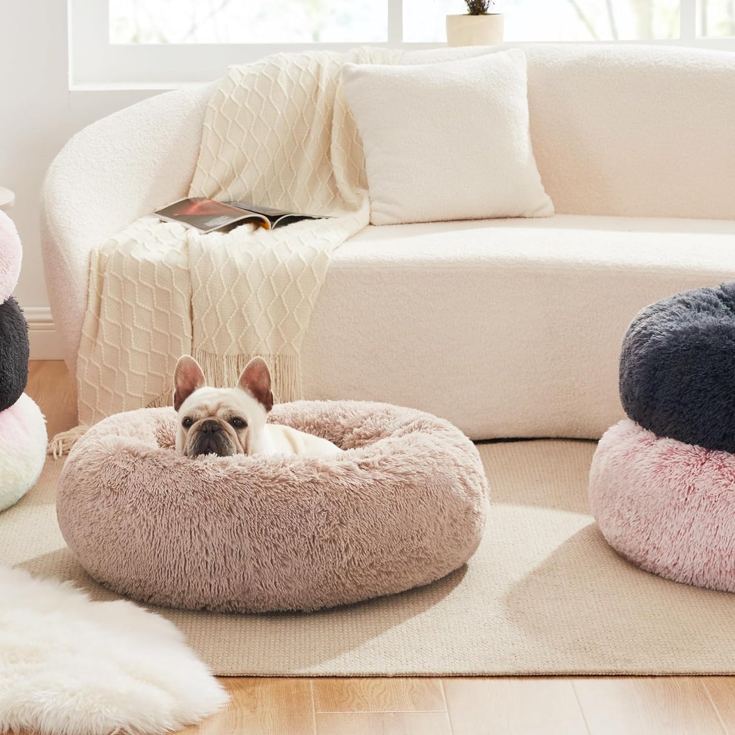 Calming Cat Bed for Indoor Cats, Anti-Anxiety Donut round Dog Bed, Fluffy Faux Fur Washable Pet Bed for Small Medium Dogs and Cats,Bluish Grey,20In