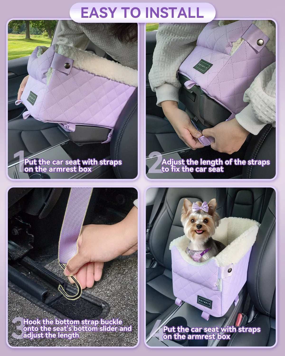 Cat Car Seat with Safe Protection Hooks, Center Console Dog Car Seat with Upgraded Safety Tethers, Washable Cushion, Dog Car Seats for Small Dogs up to 9 Lbs (Purple)