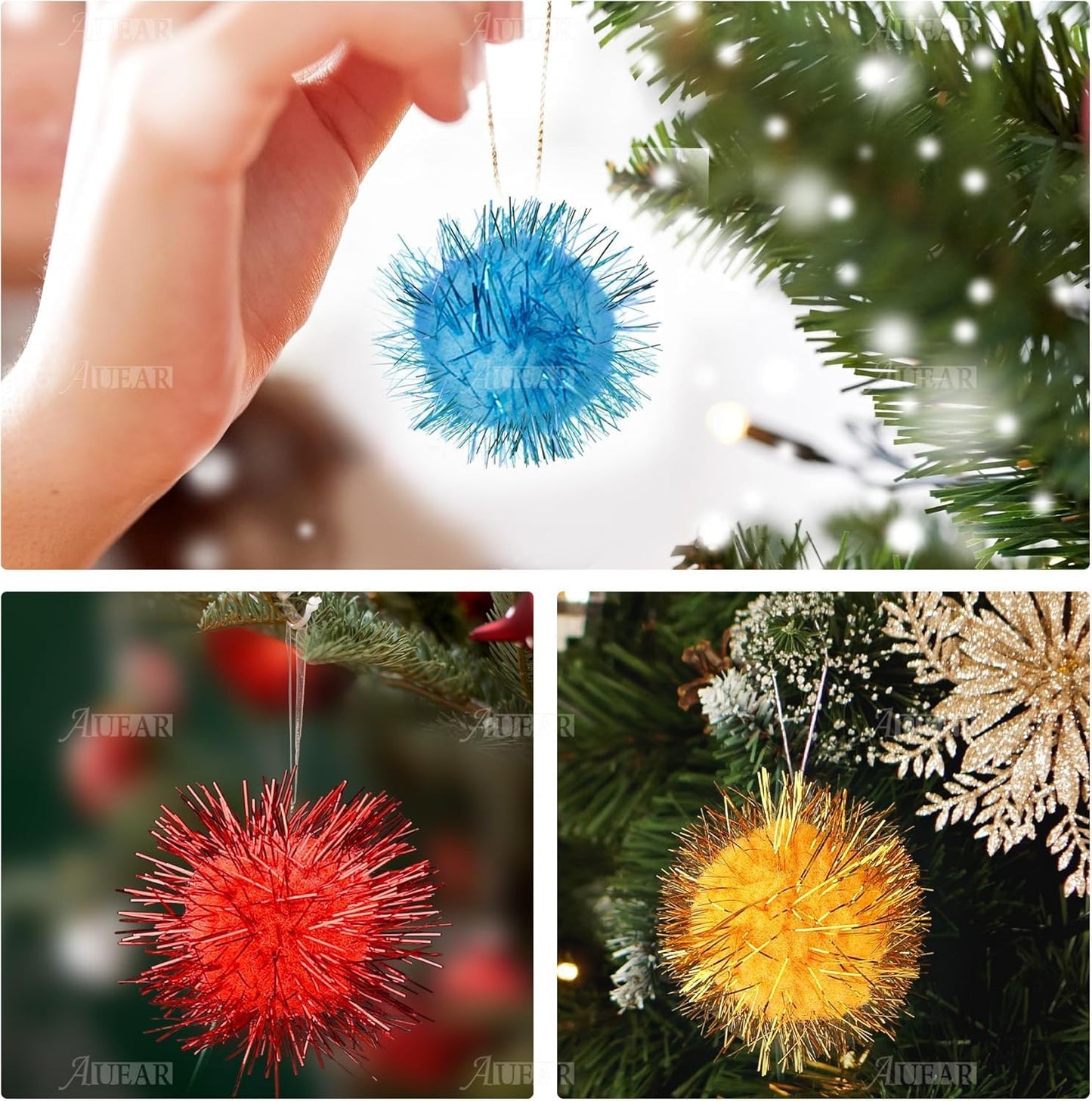 , 12 Pack 2 Inch Sparkle Ball Shiny Glitter Tinsel Pom Poms Interactive Cat Balls for Kittens (4 Colors, 12 Inch-12 Pack)