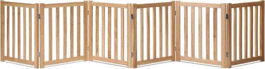 6-Panel Extra-Wide Freestanding Wooden Dog Gate Indoor – 24”High Foldable Safety Pet Barrier for Doorways, Hallways, Kitchens, Durable Design Fit Small to Medium Dogs, Natural