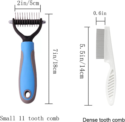 Double-Sided Pet Grooming Rake Comb for Dogs and Cats - Undercoat Dematting Tool with Flea Comb Set (Blue/11 Tooth)