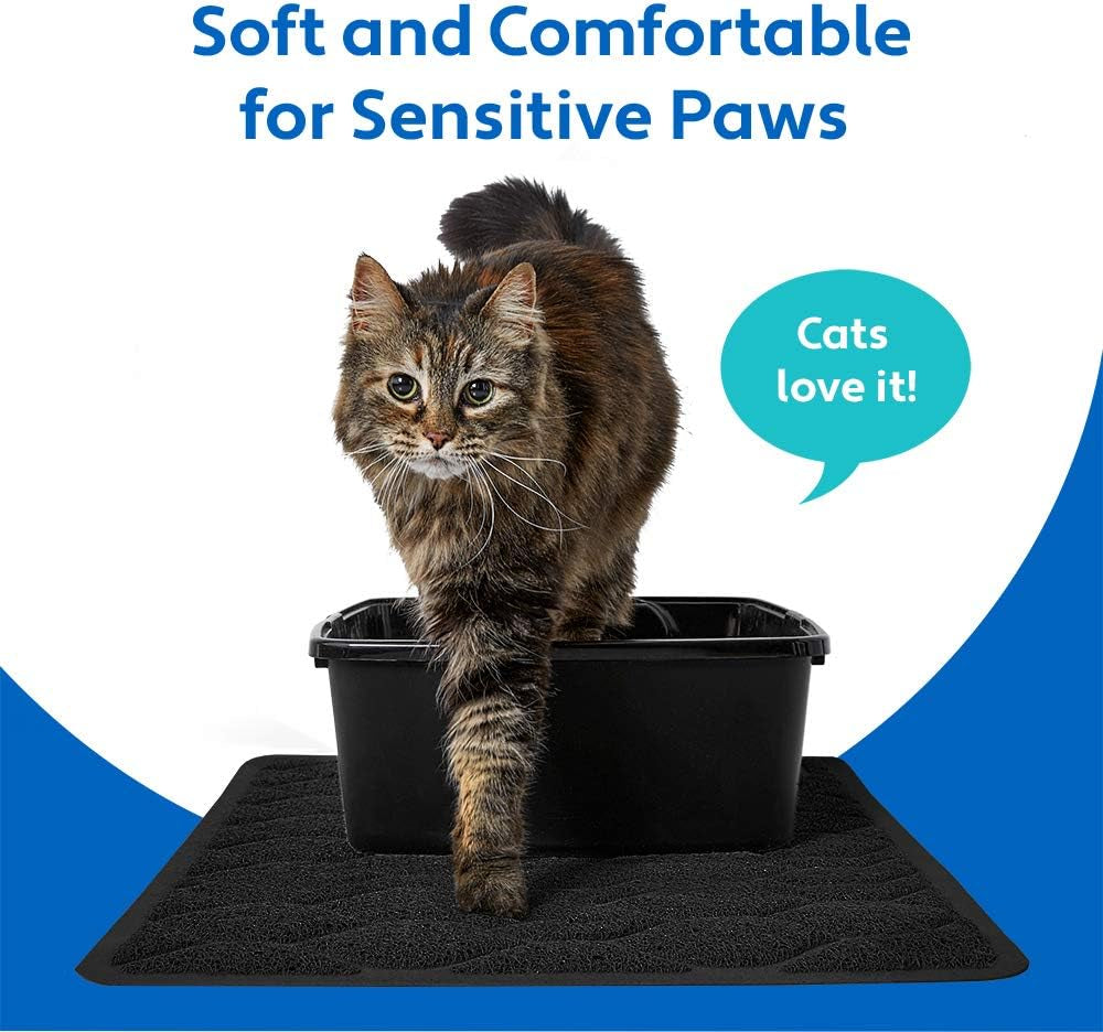 Waterproof BPA Free Cat Litter Box Trapping Mat, Easy Clean Floors, Textured Backing, Soft on Sensitive Kitty Paws, Cats Accessories, Less Waste, Stays in Place, 35X23, Black