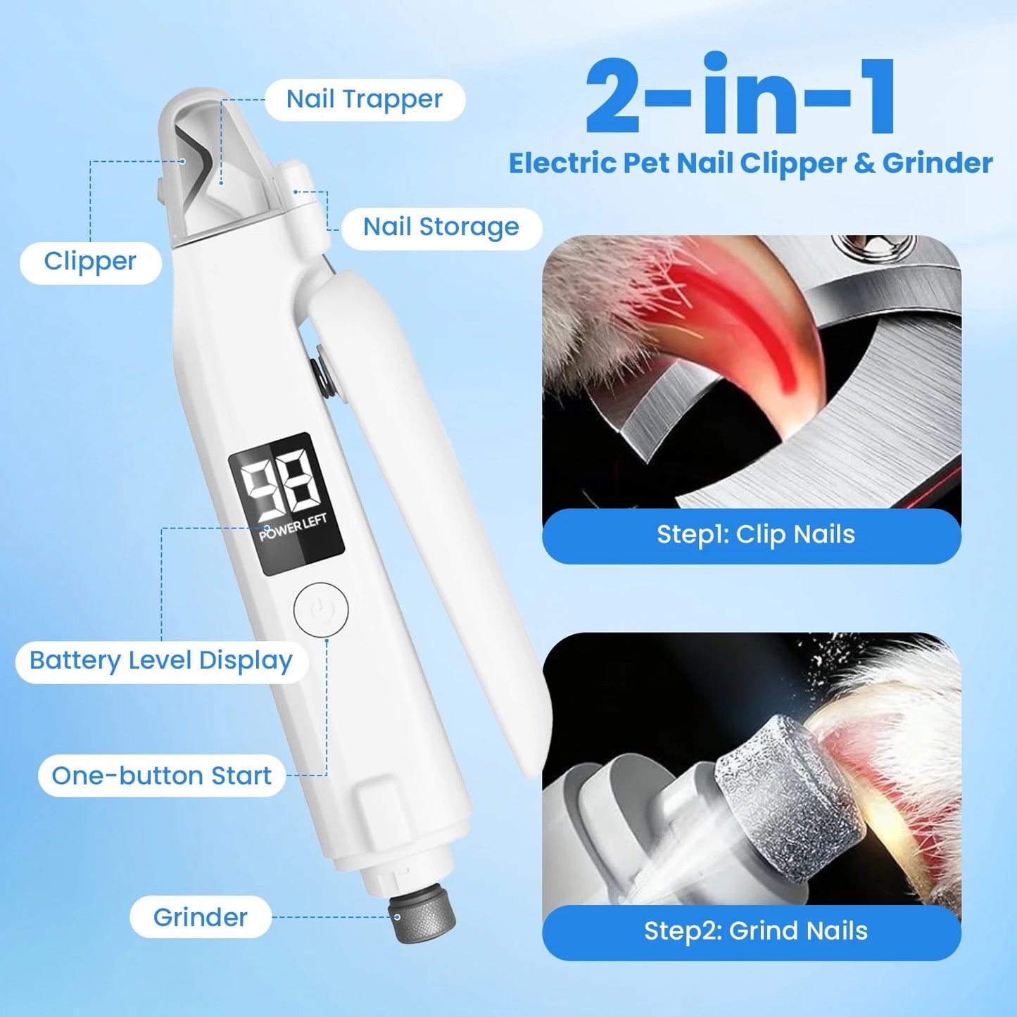 2-In-1 Dog Cat Nail Clippers and Grinder with 2 LED Lights ,Splash Guard,Usb Rechargeable for Small Medium Large Dogs Cats