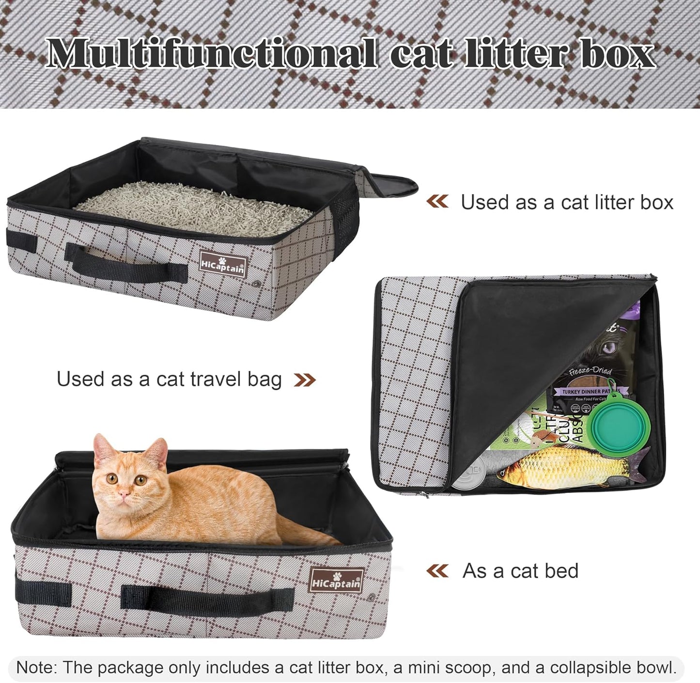 Portable Travel Litter Box with Lid, Foldable Cat Travel Litter Box - Leakproof, Odor-Free & Waterproof. Ideal for Road Trip, Cars, Hotels and Airplane- Khaki