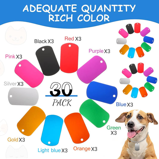 30 Pieces Aluminum Dog Tags, Blank Discs for DIY Decorative Craft Pet Tags, Metal Stamping, Multicolor, 50 X 29 X 1 Mm, 3 Mm Hole