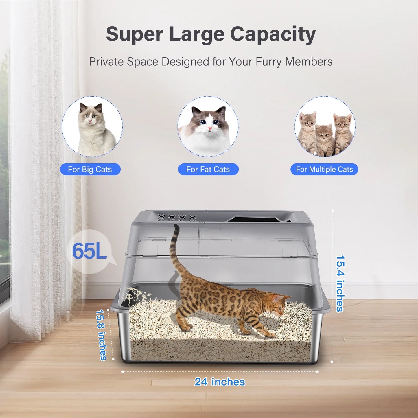 Stainless Steel Enclosed Cat Litter Box, Extra Large Top Entry with 110° Flip Cover & Pedal, Anti-Leakage, Grey