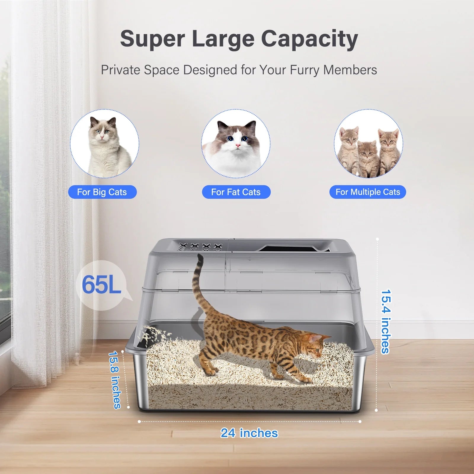 Stainless Steel Enclosed Cat Litter Box, Extra Large Top Entry with 110° Flip Cover & Pedal, Anti-Leakage, Grey