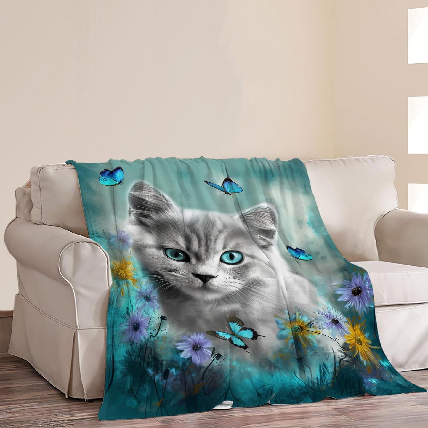 Cute Cat with Blue Butterfly Throw Blanket - Ultra Soft Cozy Fleece Kitten Blanket for Girls, Women & Kids - 40"X50" Cat Lover Gifts
