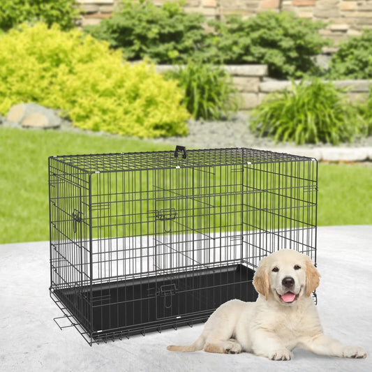 24 Inch Foldable Metal Dog Crate for Small Dogs, Double Door, Divider, Removable Tray(Black)