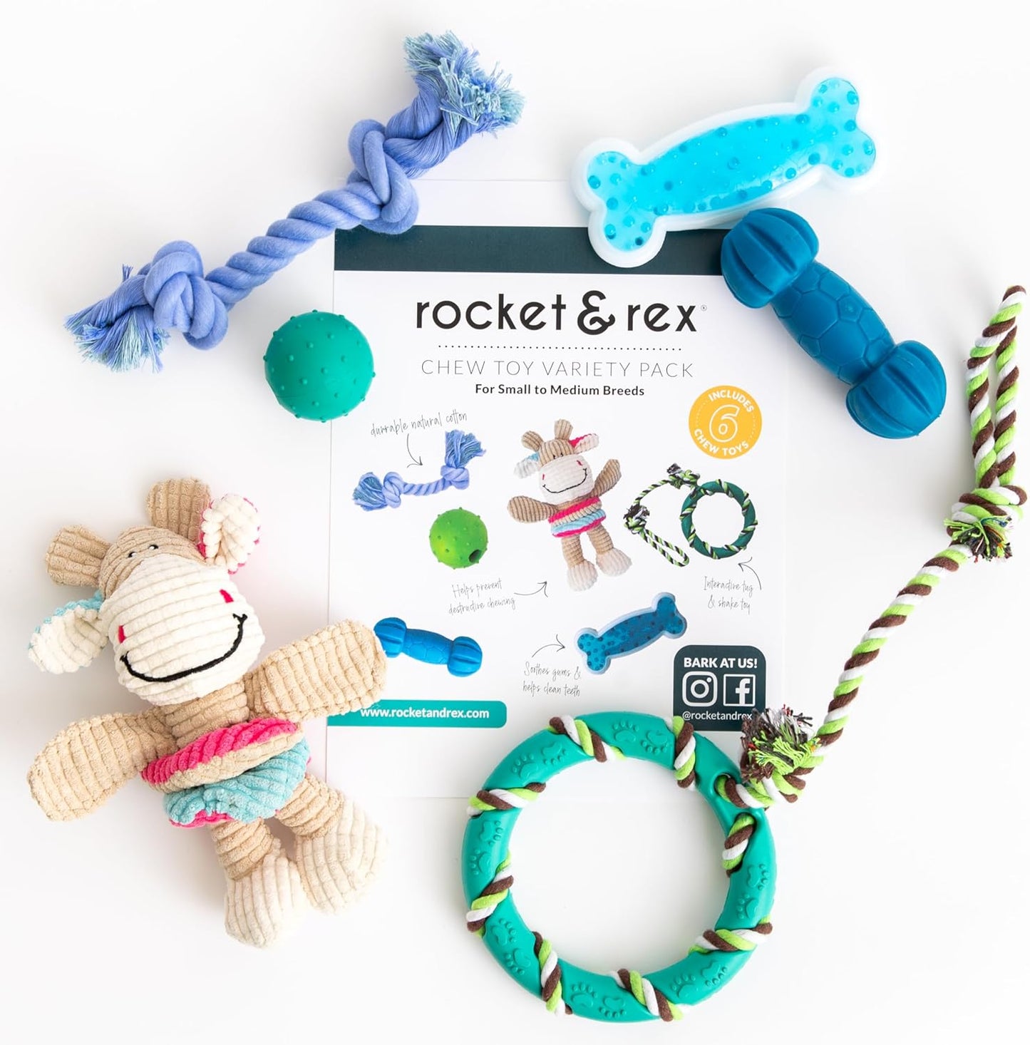 Dog Chew Toy Set for Small to Medium Breeds, Includes All Natural Rubber, Cotton, Ball & Rope Toys, Ideal Puppy Chew Toys for Teething, Reduces Destructive Chewing & Anxiety (Pack of 6)