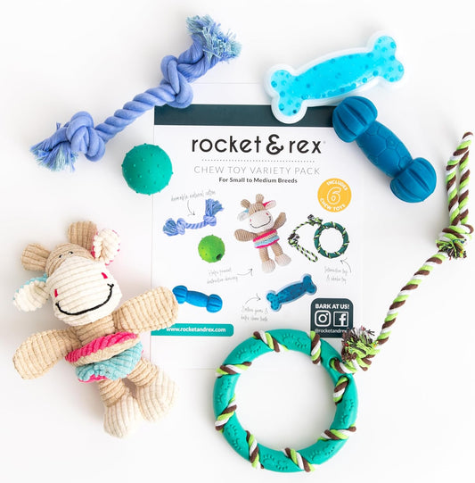 Dog Chew Toy Set for Small to Medium Breeds, Includes All Natural Rubber, Cotton, Ball & Rope Toys, Ideal Puppy Chew Toys for Teething, Reduces Destructive Chewing & Anxiety (Pack of 6)