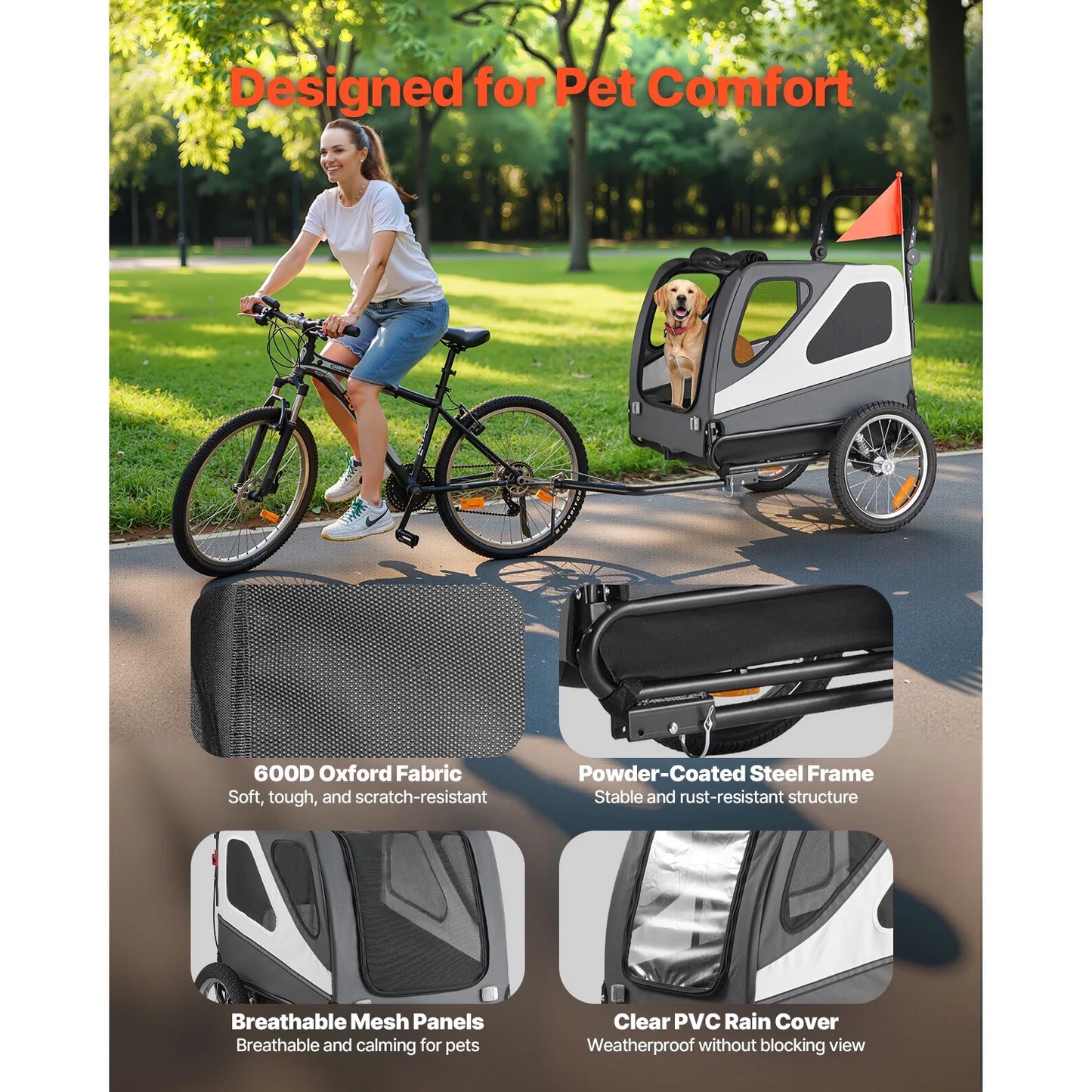 Dog Bike Trailer, Holds up to 100 Lbs, 2-In-1 Pet Stroller and Bicycle Carrier for Small and Large Dogs, Foldable Frame with Quick-Release Wheels, Universal Bike Hitch, Built-In Safety Leash