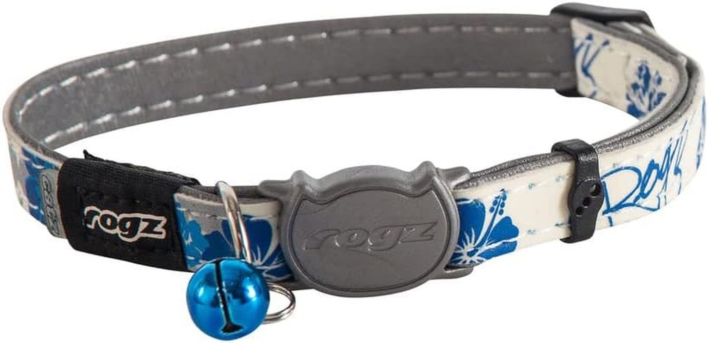 Glow in the Dark Reflective Cat Collar with Breakaway Clip and Removable Bell, Fully Adjustable to Fit Most Breeds, Blue Floral Cat Design
