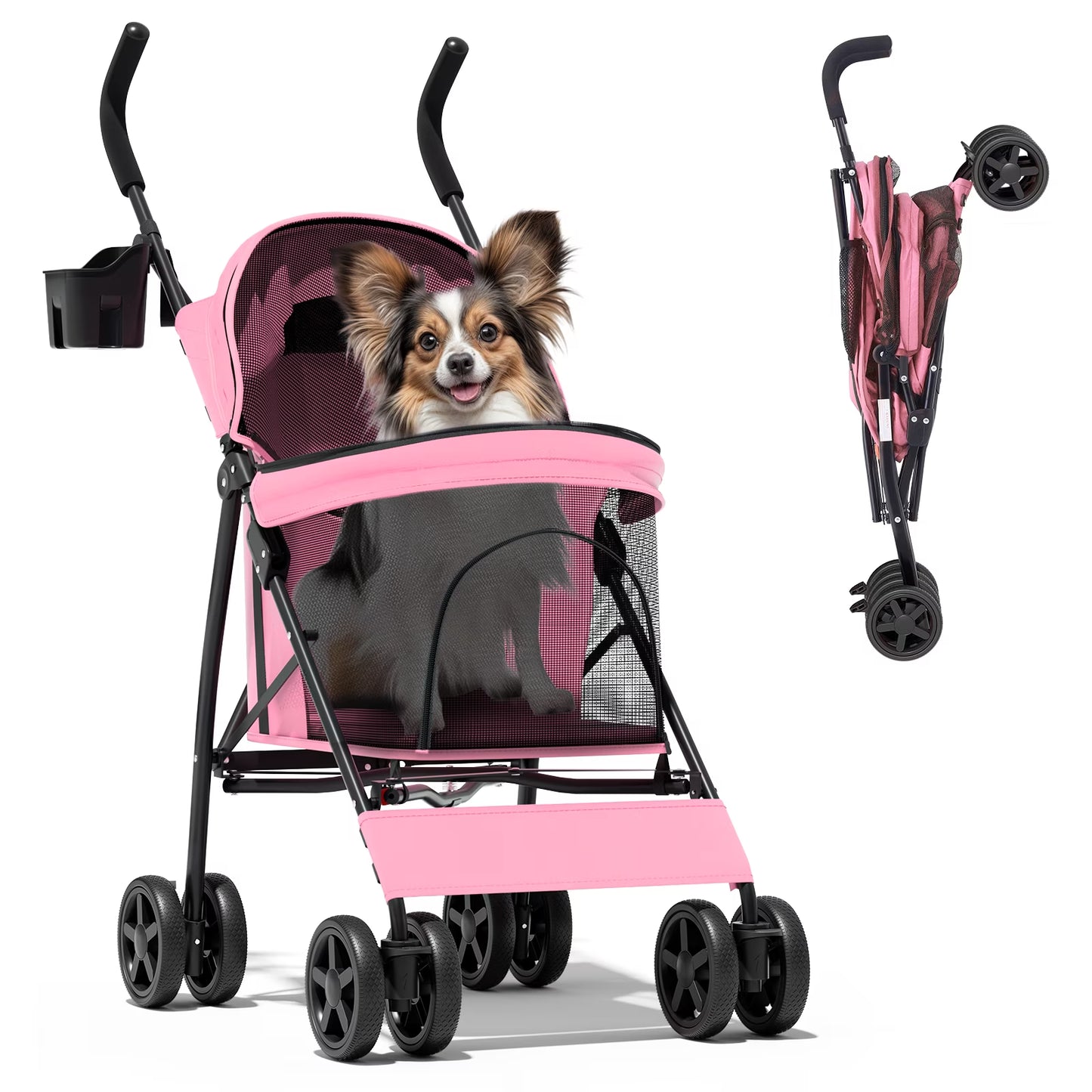 4 Wheel Foldable Lightweight Dog Stroller for Small Medium Dogs, Pet Stroller, (Pink)