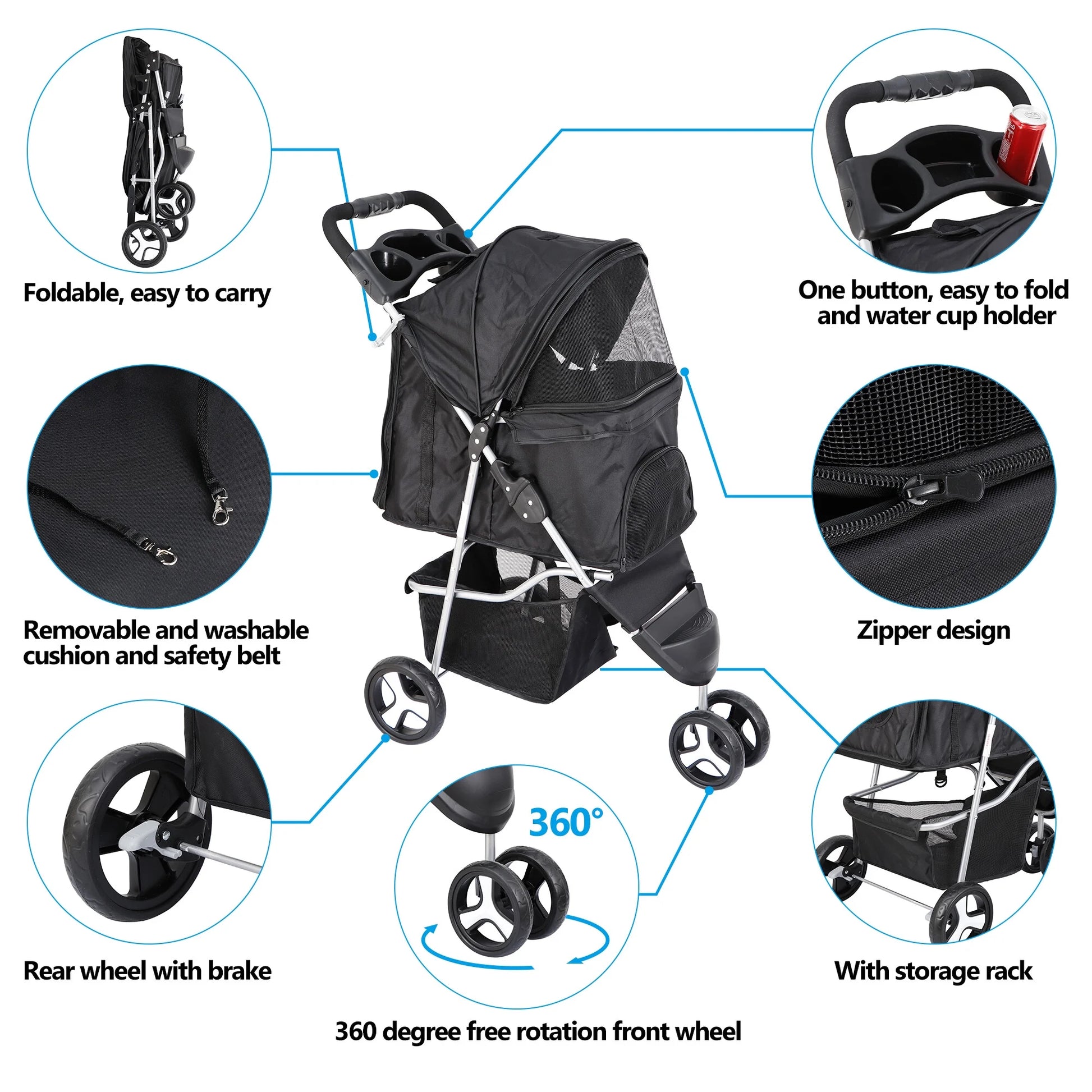 3 Wheel Foldable Pet Stroller for Small Dog Max. 33LBS W/Storage Basket