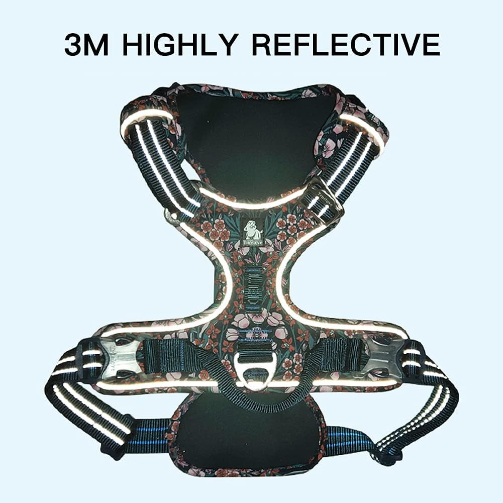 No Pull Dog Harness Reflective Dog Vest Harness with Handle Front Clip Neoprene Padded Dog Harness for Puppy Small Medium Large Dogs 3 Buckles Easy to Put on & Take off Floral Blue XS