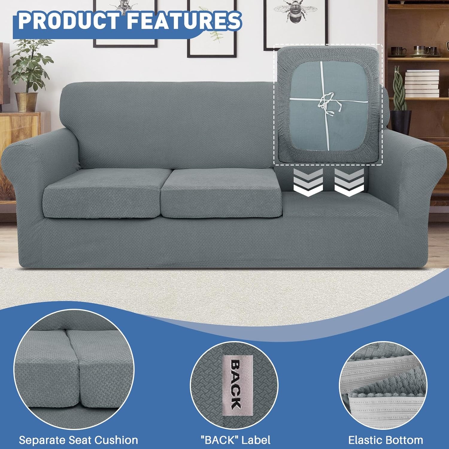 4 Pieces Couch Covers for 3 Cushion Couch Stretch Sofa Slipcover with 3 Seat Cushion Covers Thick Fitted Couch Cover for Pet Dogs Furniture Protector (Sofa, Light Gray)