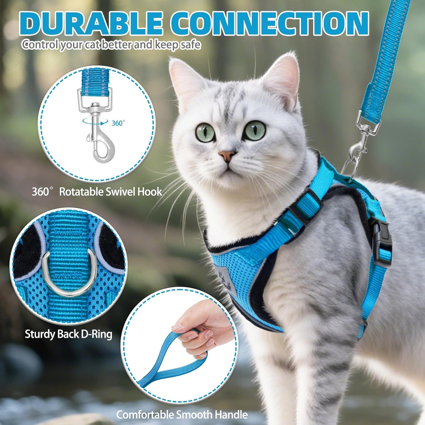 Cat Harness and Leash Set Escape Proof Reflective Cat Walking Harness Adjustable Soft Breathable Mesh Vest for Small Pets, Blue, M