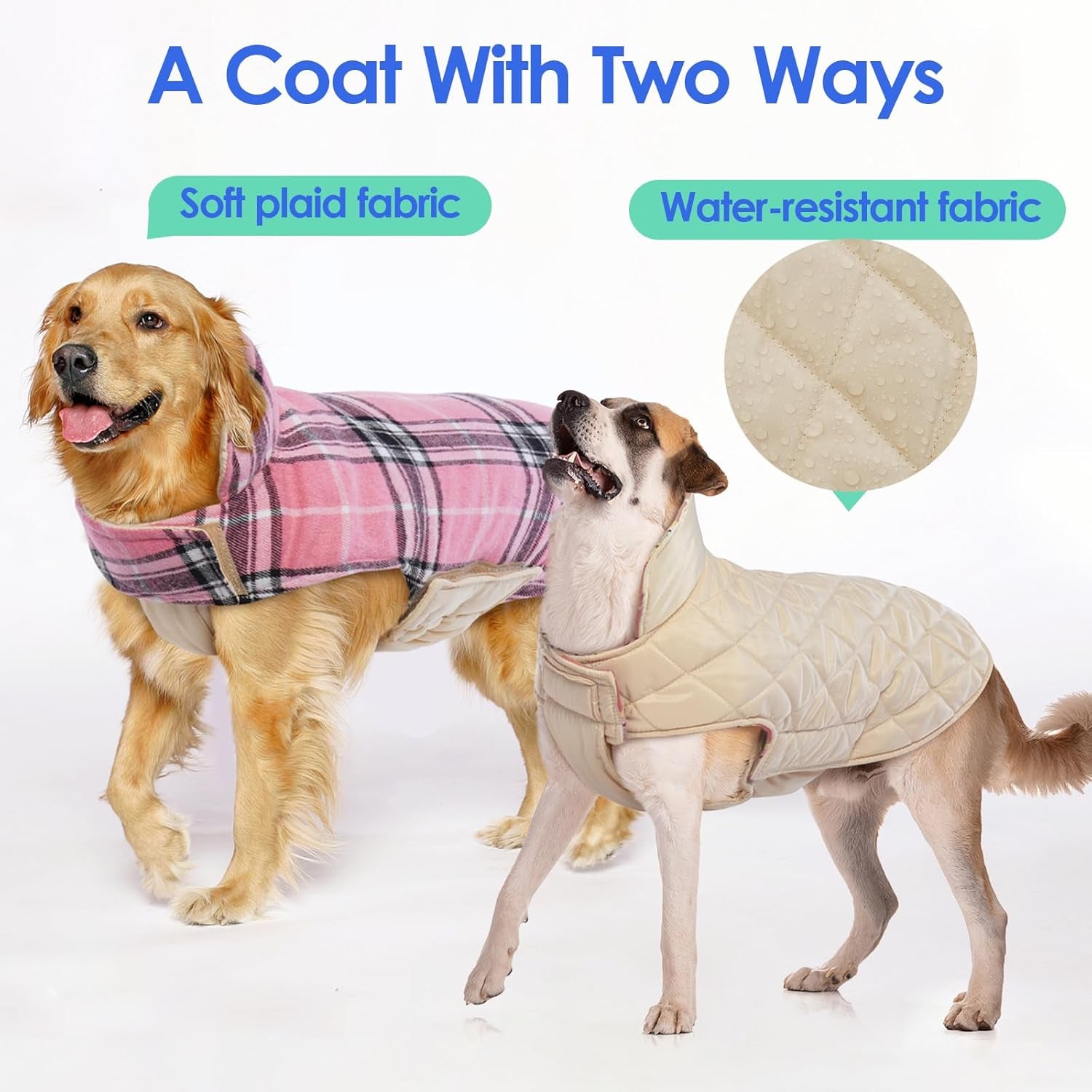 Dog Jackets for Winter, Reversible, Windproof, Waterproof, Warm Dog Coat - British Style Plaid Dogs Winter Vest, Pink, 3XL
