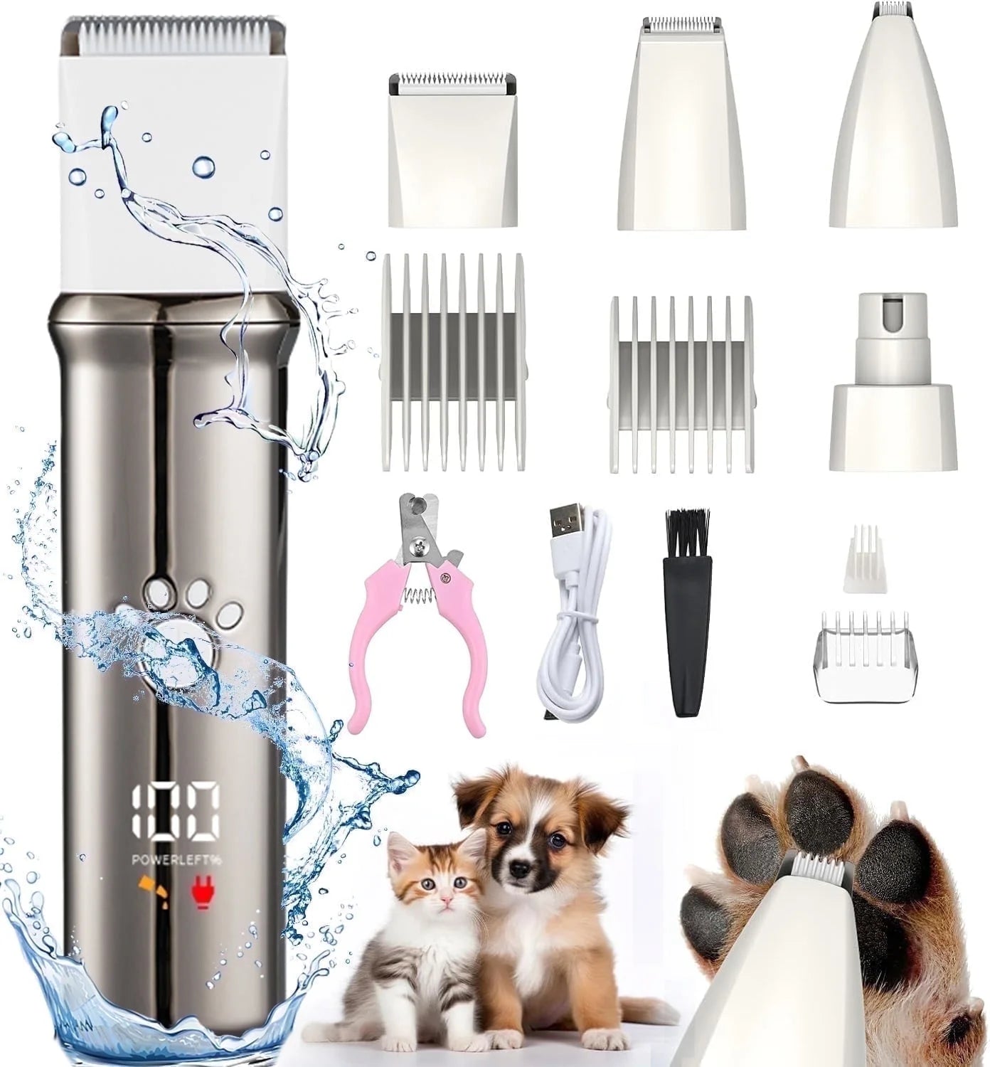 4 in 1 Dog Grooming Clippers Kit with LED Display,Waterproof Dog Clippers Cordless for Thick Hair,Low Noise Dog Hair Trimmer for Dogs Cats Animals