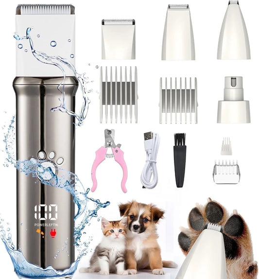 4 in 1 Dog Grooming Clippers Kit with LED Display,Waterproof Dog Clippers Cordless for Thick Hair,Low Noise Dog Hair Trimmer for Dogs Cats Animals