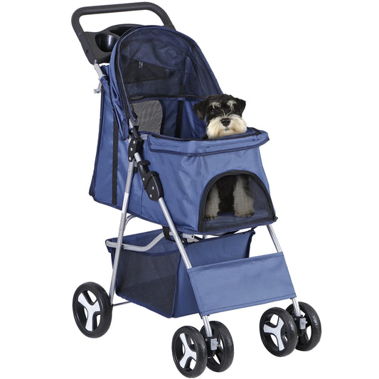 4 Wheels Small Pet Dog Stroller Foldable Strolling Cart Max.33Lbs W/Storage Basket & Cup Holder,Navy