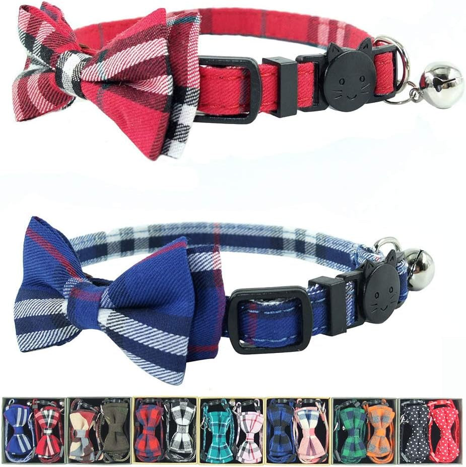 Cat Collar Breakaway with Bell and Bow Tie, Plaid Design Adjustable Safety Kitty Kitten Collars Set of 2 Pcs(6.8-10.8In) (Red&Blue Plaid)