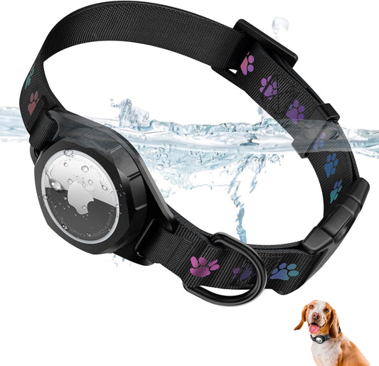 Dog Collar with Airtag Holder, IP67 Waterproof Reflective Airtag Dog Collars for Medium & Large Dogs, Adjustable Pet Collar with Twist-Lock Holder & Green Glow for Night (M, 11.8"-15.9", Black)