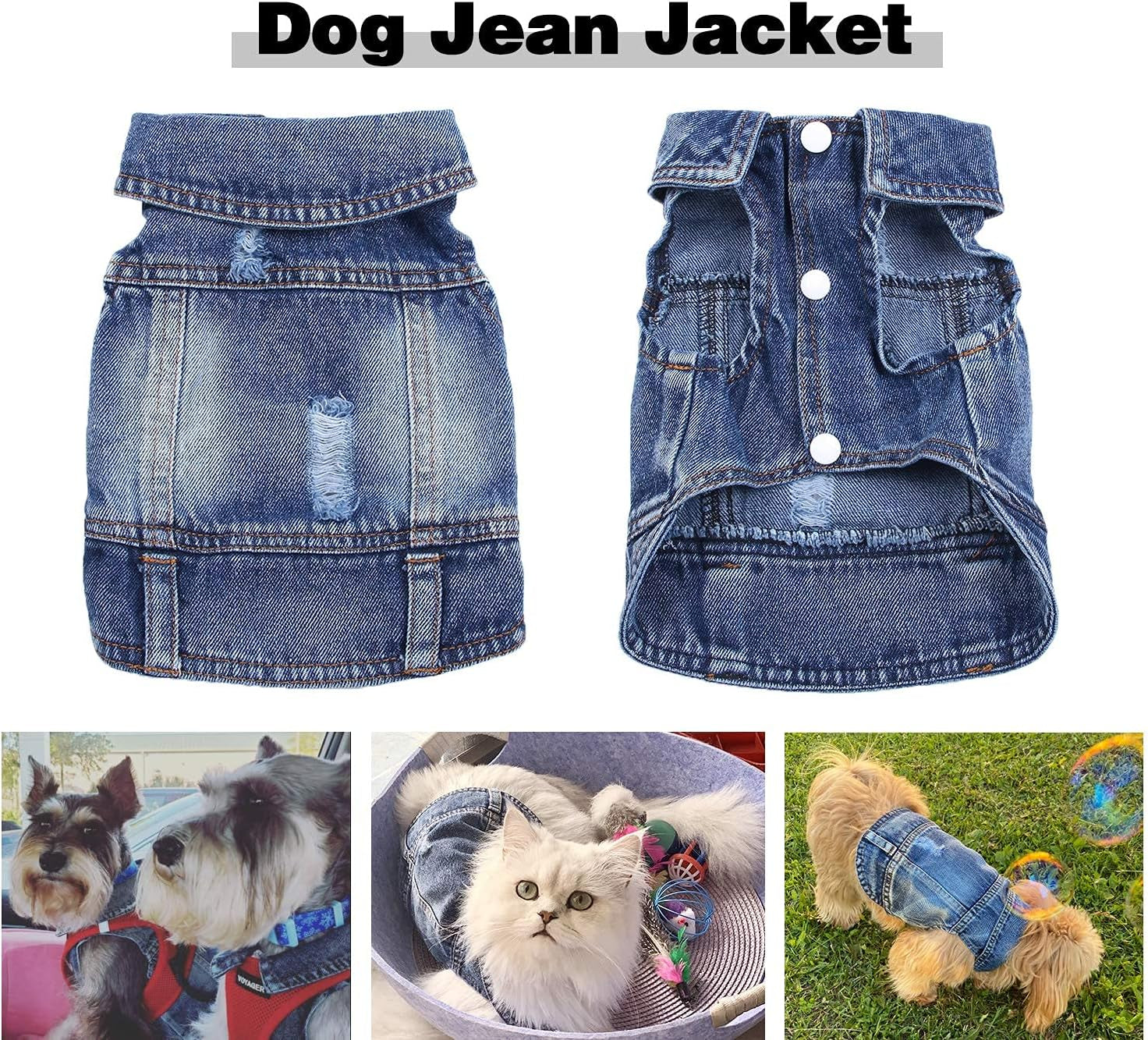 Jean Jacket for Dogs, Blue Denim Lapel Vest Coat Costume, T-Shirt Clothes, Cool and Funny Apparel Outfits, Machine Washable for Small Medium Dogs Cats (XL)