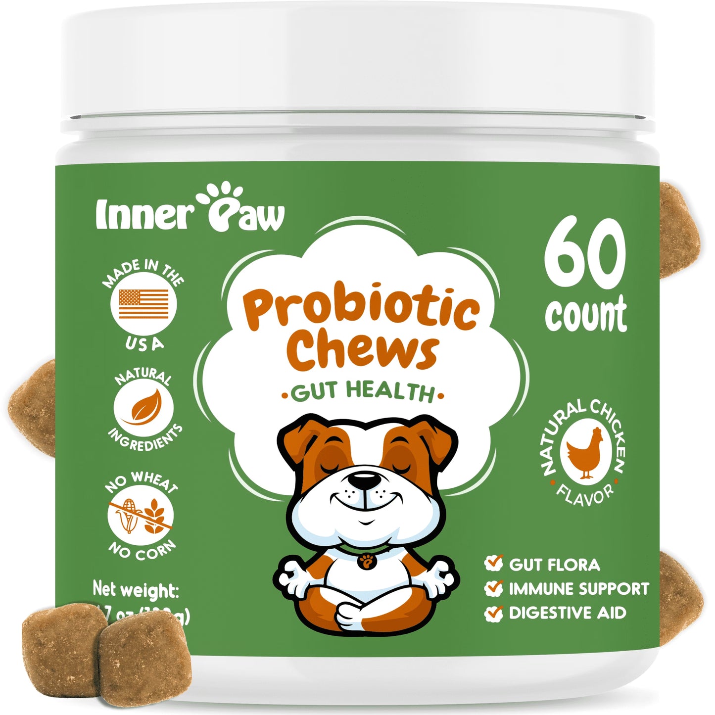 Probiotic Chews, Tasty Soft Chew Probiotics for Dogs, Chicken Flavor, 60 Count