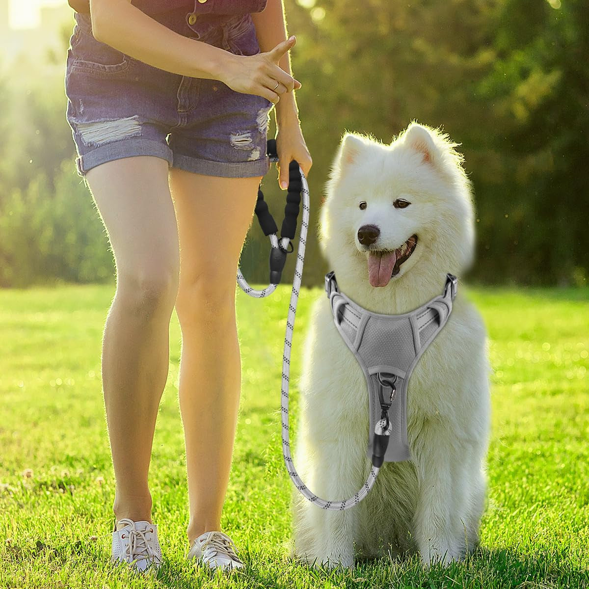 Dog Harness No Pull with ID Tag Pocket - Heavy Duty, Reflective, Easy Control for Large Dogs(Grey,L)