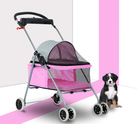 Pet Stroller for Small Medium Dogs & Cats - 4 Wheel Foldable Jogger Travel Stroller Carrier with Removable Liner Storage Basket, up to 35 LBS, Pink 30 X 19 X 36.8 Inch