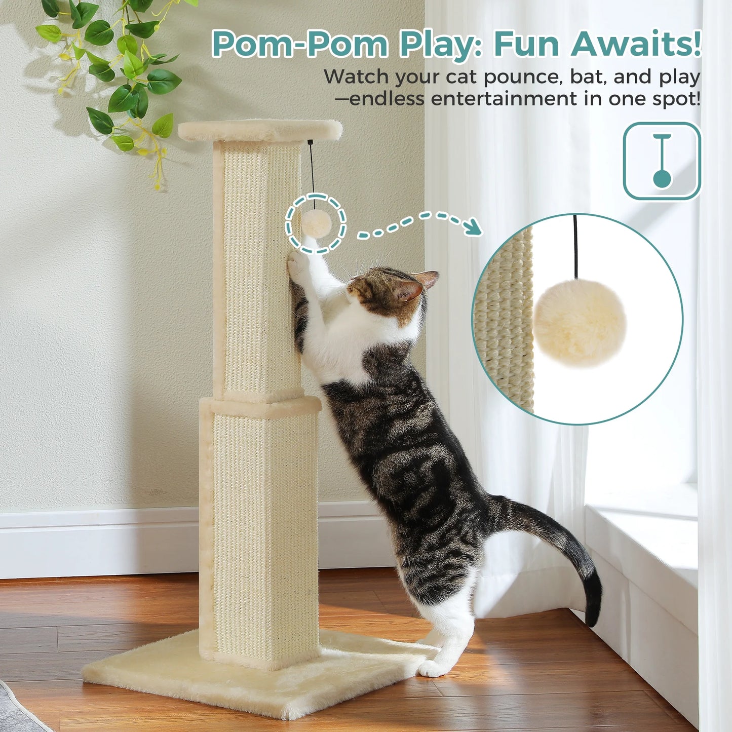 31" Natural Sisal Cat Scratching Post Indoor Cat Scratcher with Plush Large Base, Beige
