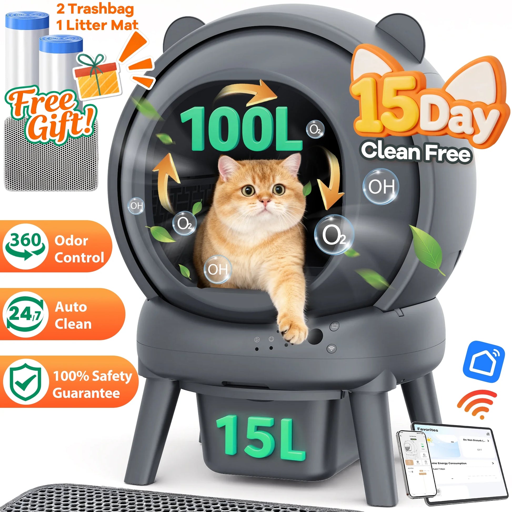 Automatic Cat Litter Box Self Cleaning, 100+15L Large Litter Box with Liner, Odor Removal, 2.4G Wifi APP Control/Integrated Safety Protection, Litter Mat