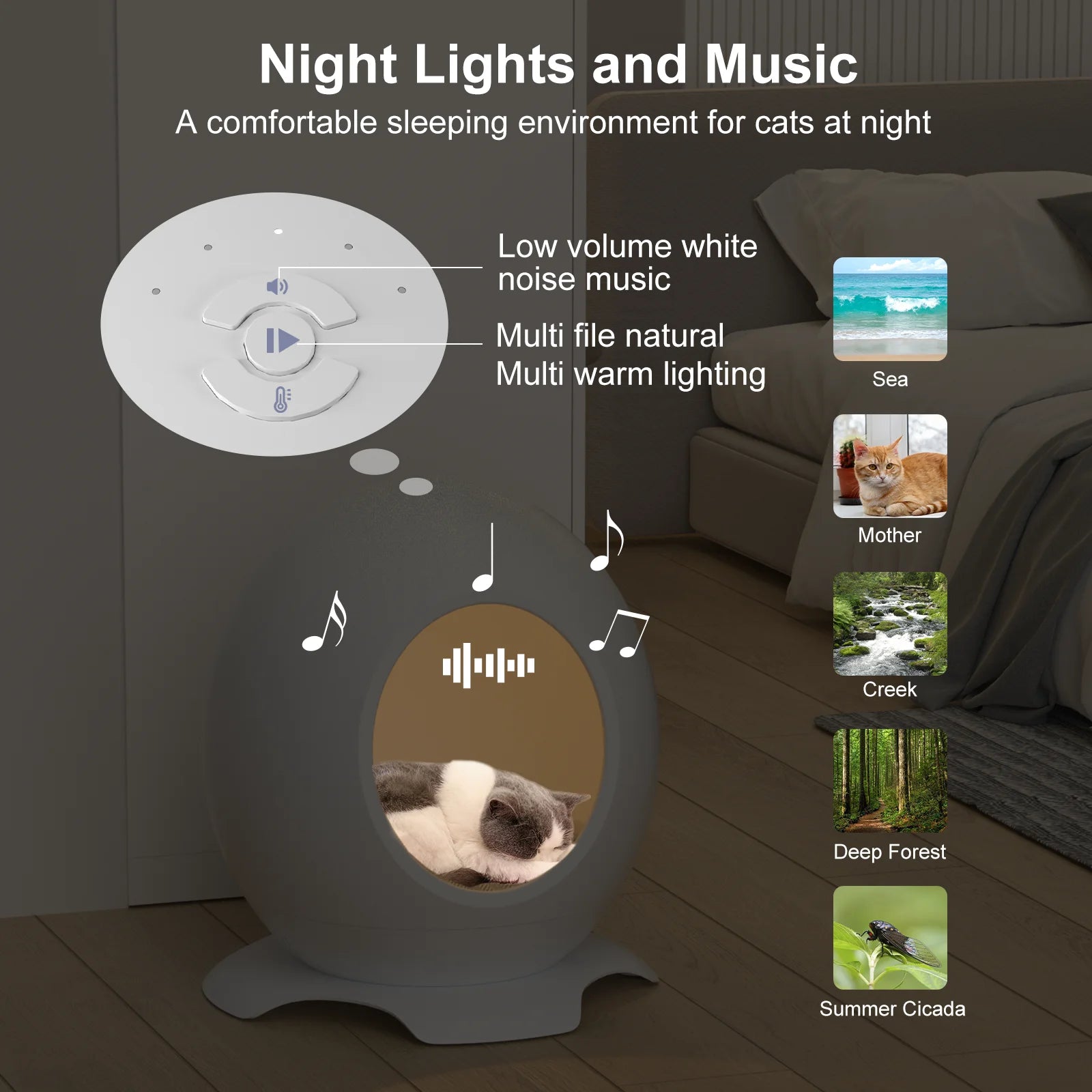Heated Cat Bed for Large Cats, Cat Warming Bed for Winter, Waterproof Washable Pet Cat Shelter, Cat Hideaway with Light & Sleep Music, Cat Houses for Indoor Cats