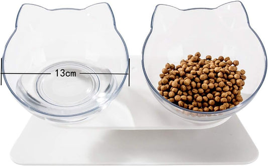 Double Elevated Cat Bowls with Raised Stand, 15 Tilted Cat Design Neck Guard Stand Pet Food Water Feeder Bowl for Cats or Small Dogs