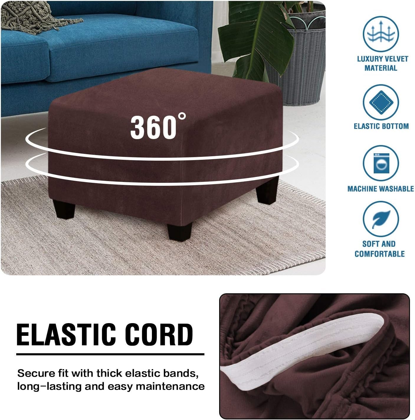 Square Ottoman Covers Ottoman Slipcover Square Footstool Protector Covers Storage Stool Ottoman Covers Stretch with Elastic Bottom, Feature Real Velvet Plush Fabric, Brown