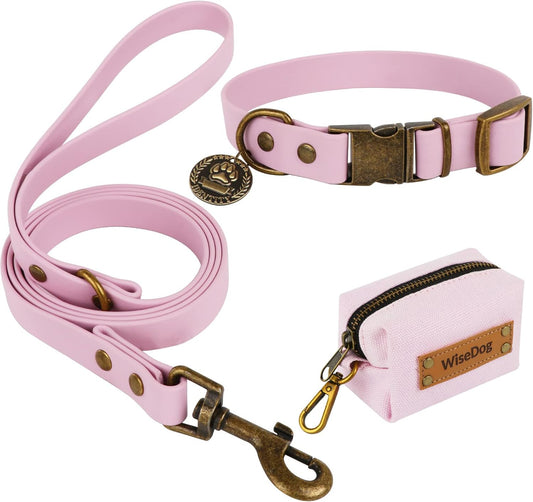 Dog Collar and Leash Set, Waterproof Adjustable Puppy Collars with Cute Tag 5FT Dog Leash with Poop Bag for Small Medium Large Dogs (M, Pale Pinkish Purple)
