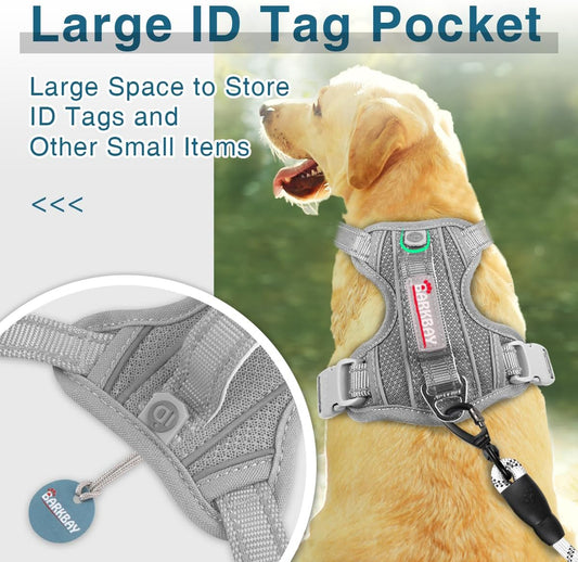 Dog Harness No Pull with ID Tag Pocket - Heavy Duty, Reflective, Easy Control for Large Dogs(Grey,L)