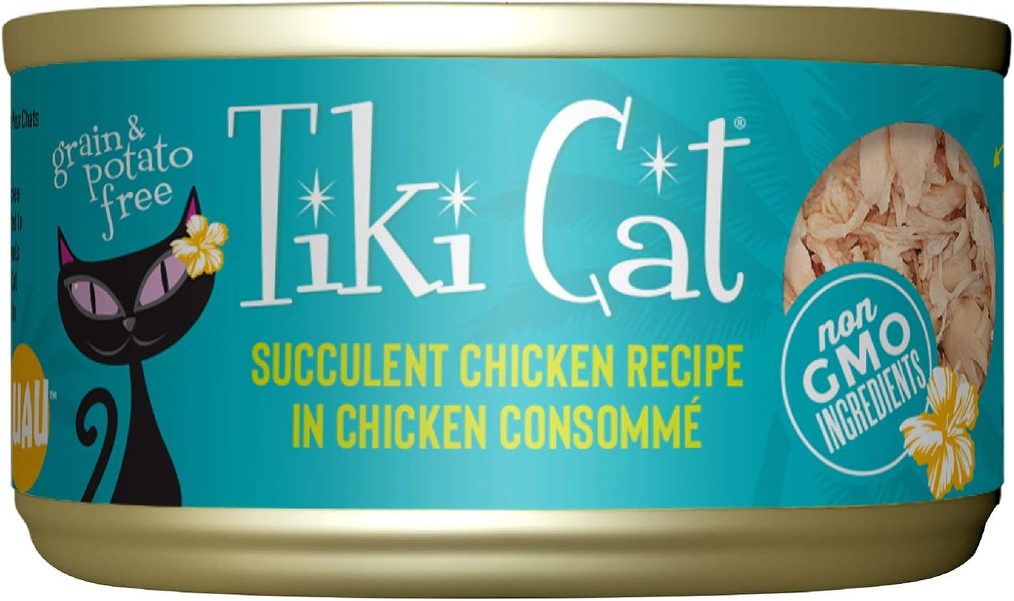 Tiki Cat Luau Shredded Meat, Succulent Chicken Recipe in Chicken Consumme, Grain-Free Balanced Nutrition Wet Canned Cat Food, for All Life Stages, 2.8 Oz. Can (12 Count)