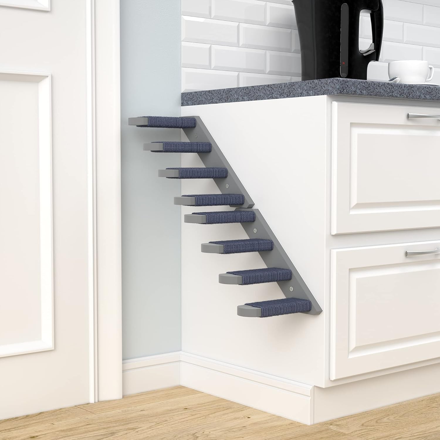 Cat Steps - Grey Solid Rubber Wood Cat Stairs Great for Scratching and Climbing - Easy to Install Wall Mounted Shelves for Playful Cats (Left to Right)