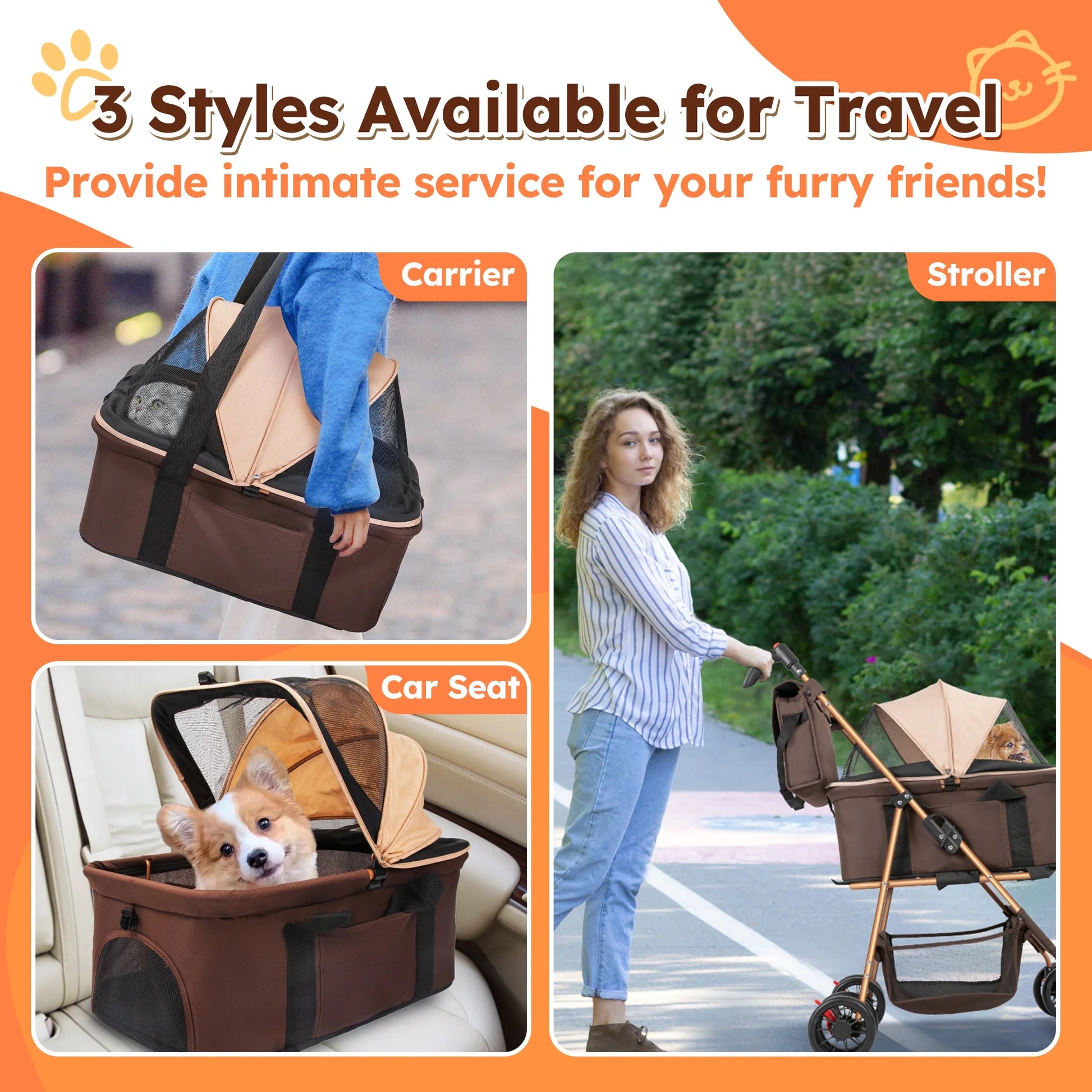 3-In-1 Pet Stroller, Foldable 4-Wheel Cat & Dog Stroller with Detachable Carrier, Canopy and Storage Basket, up to 60Lbs, Brown