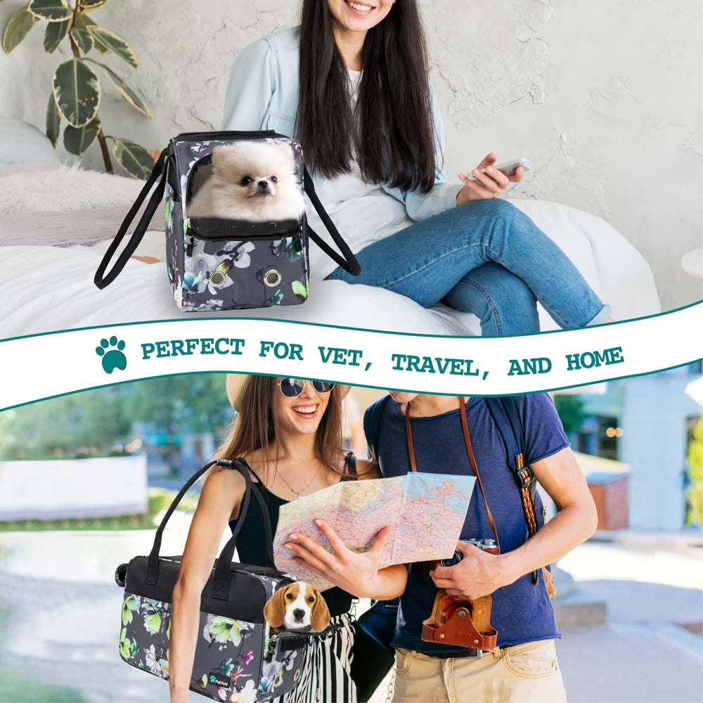 Petami Dog Purse Carrier for Small Dogs, Airline Approved Soft Sided Pet Carrier W/ Pockets, Ventilated Dog Carrying Bag Puppy Cat, Dog Travel Supplies Accessories Carry Tote, Sherpa Bed, Floral Gray