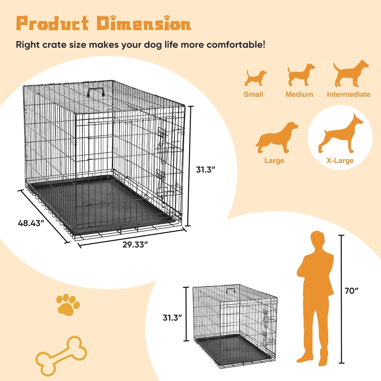 Big Dog Crate with Divider Panel, 48 Inch Double Door Folding Metal Wire Dog Cage with Plastic Leak-Proof Pan Tray