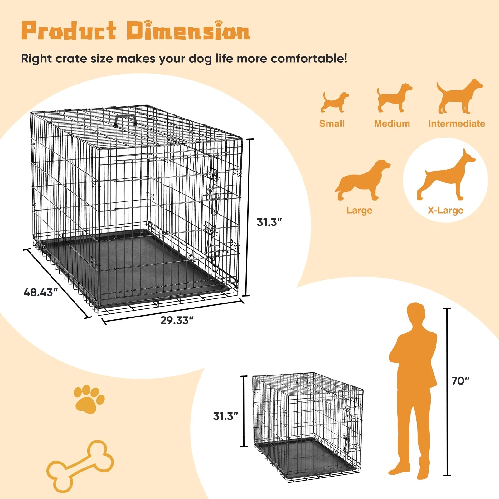 Big Dog Crate with Divider Panel, 48 Inch Double Door Folding Metal Wire Dog Cage with Plastic Leak-Proof Pan Tray