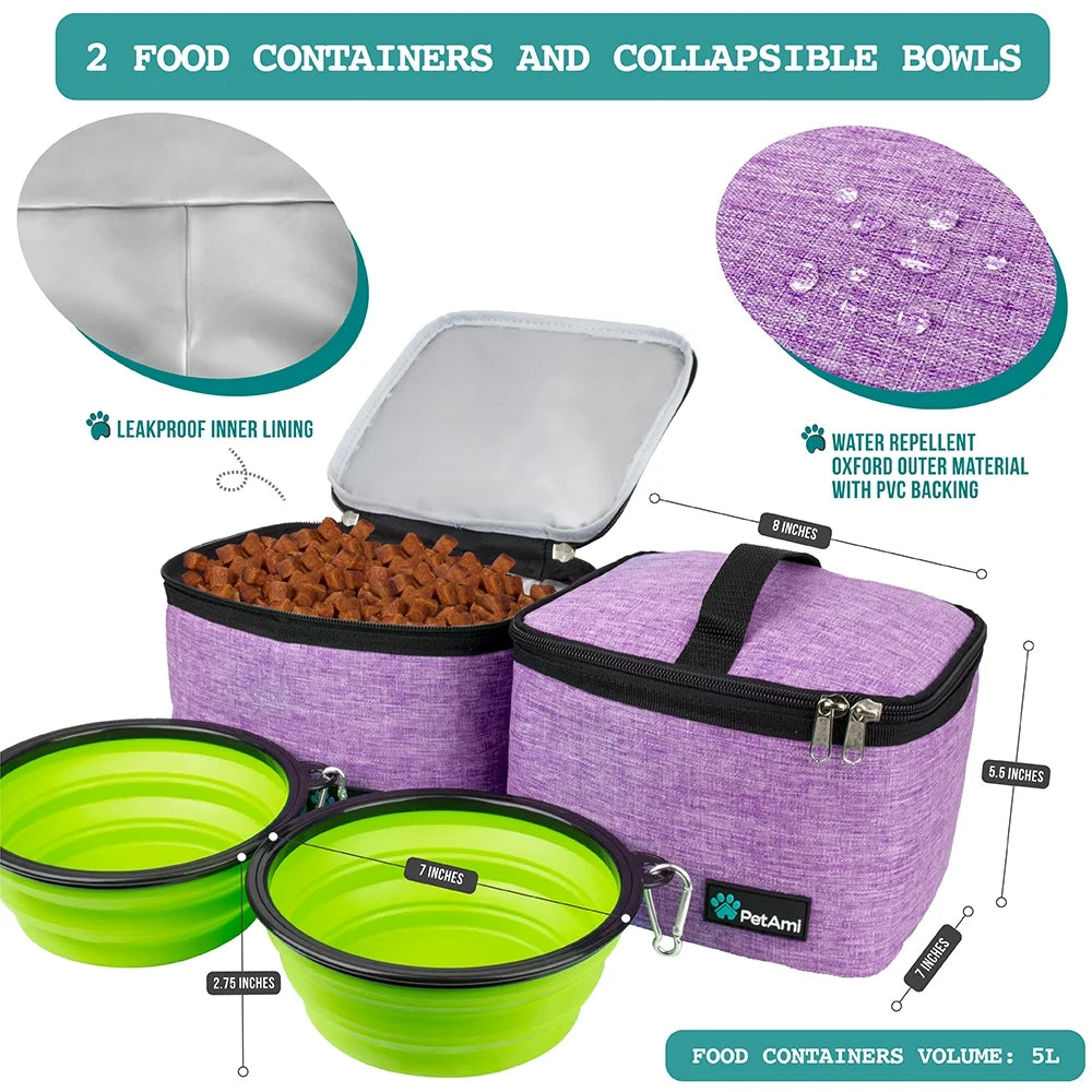 Dog Travel Bag, Travel Pet Bag Organizer, Dog Food Travel Bag with Food Container and Bowls, Dog Travel Supplies Gift Accessories for Weekend Camping, Dog Cat Diaper Bag (Purple, Large)