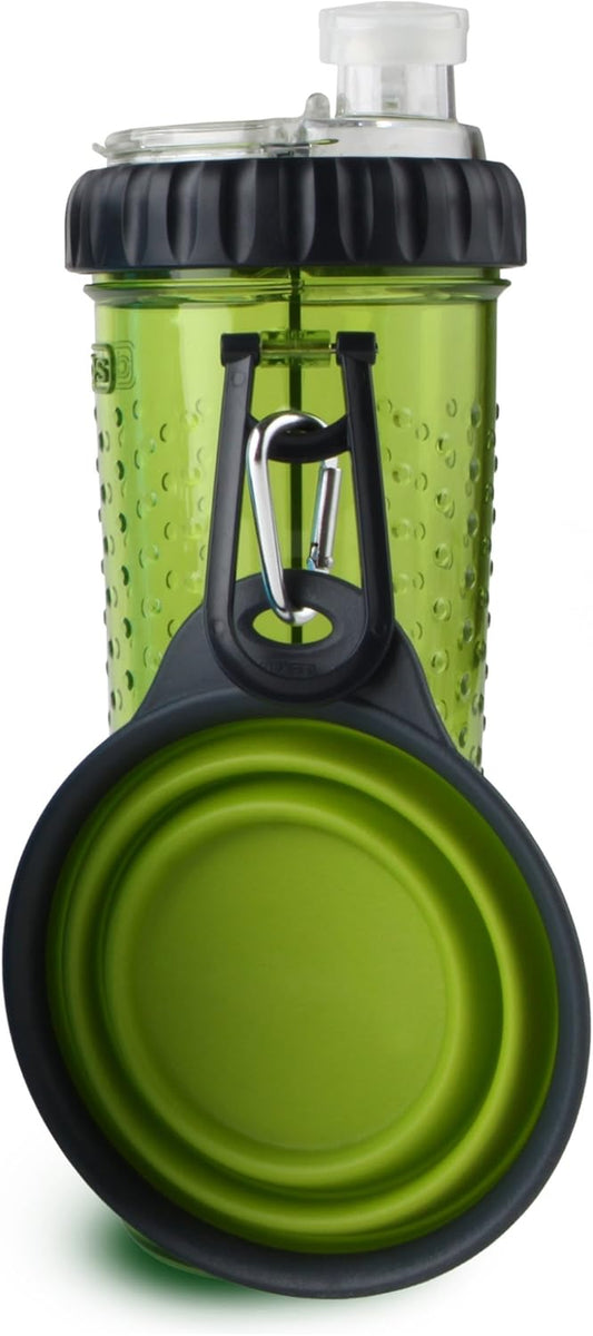 Popware for Pets Snack Duo Dual Chambered Hydration Bottle and Snack Container with Collapsible Pet Cup, Green